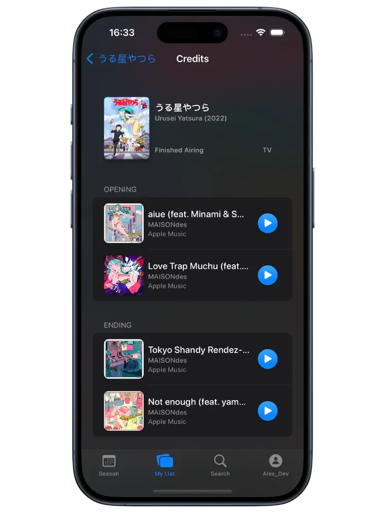 Kitsune for MyAnimeList app open at Credits screen