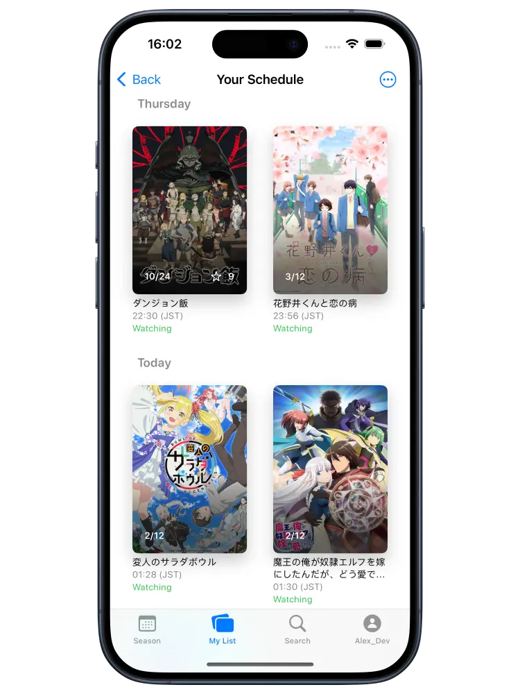 Kitsune for MyAnimeList app open at Your Schedule screen
